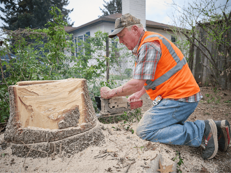 Community volunteer using tools to remove a tree stump as part of a Utah service project, promoting neighborhood revitalization and volunteer opportunities